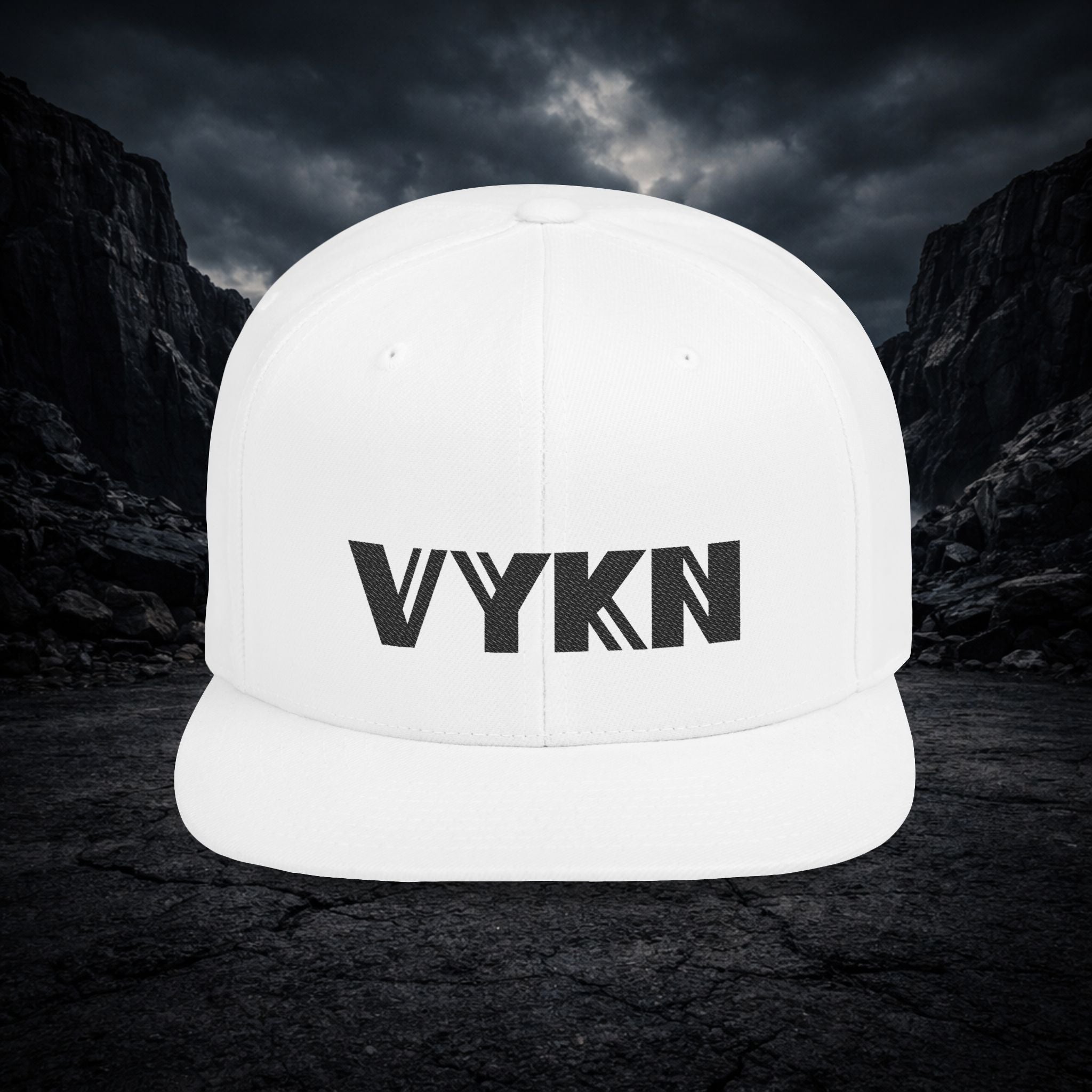 VYKN™ Flat Bill Snapback Hat – Black Logo